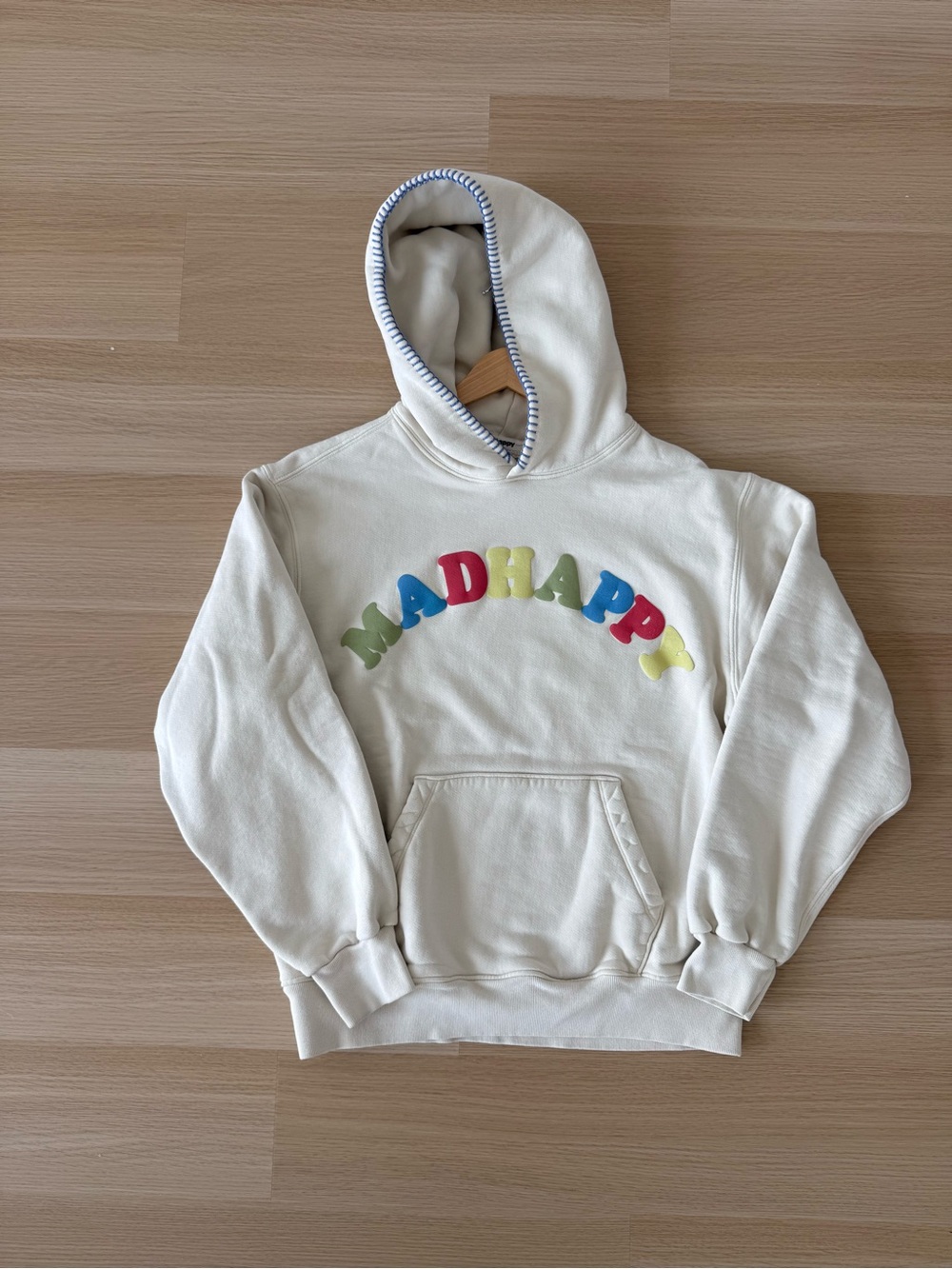 Madhappy Cream Hoodie with Multicolor Embossed Lettering Preppy like new! S